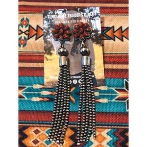 Red Coral/Navajo Pearl Shoulder Duster Earrings Sterling Silver Native American